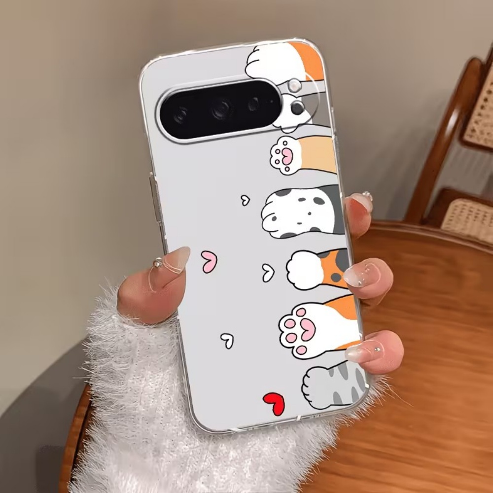 Google Pixel 9 - Karikatür Kedi Pati Baskılı Kristal Şeffaf